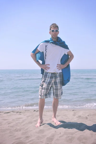 Funny Superhero Standin Beach Hot Sand — Stock Photo, Image