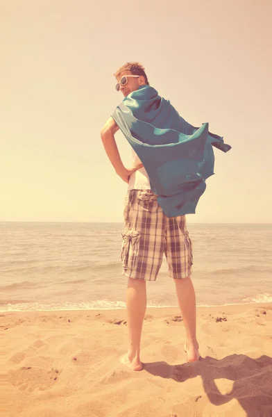 Funny Superhero Standin Beach Hot Sand — Stock Photo, Image