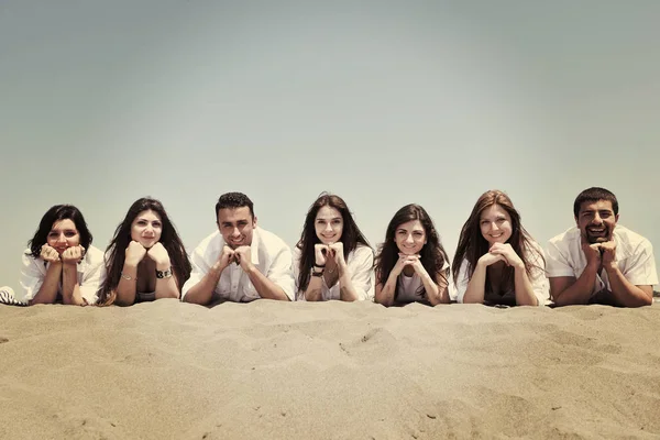 Group Happy Young People Circle Beach Have Fun — Stock Photo, Image