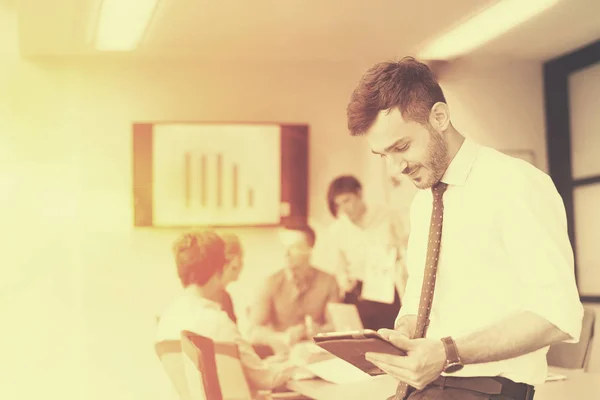 Portrait Happy Young Businessman Tablet Computer Office People Group Team — Stock Photo, Image