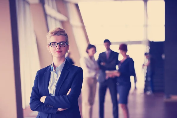 Smilling Young Business Woman Front Her Team Blured Background Group — Stock Photo, Image