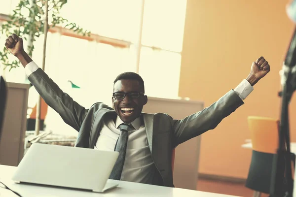 Happy Smiling Successful African American Businessman Suit Modern Bright Office — Stock Photo, Image