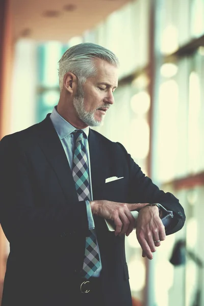 Hombre Negocios Senior Hablar Teléfono Móvil Interior Oficina Brillante Moderna — Foto de Stock