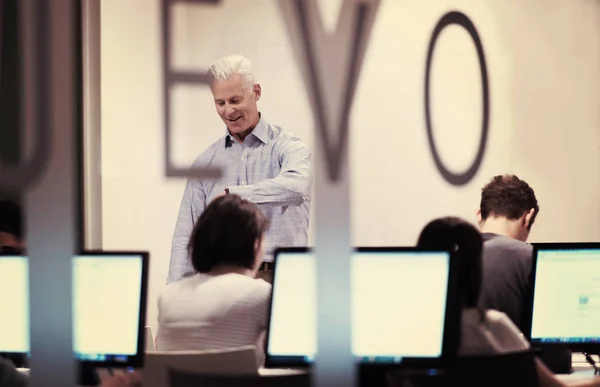 Hübsch Reif Lehrer Und Students Computer Lab Klassenzimmer — Stockfoto