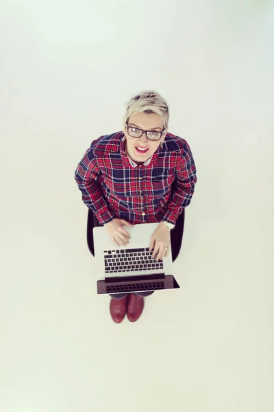 Top View Young Business Woman Working Laptop Computer Modern Bright — Stock Photo, Image