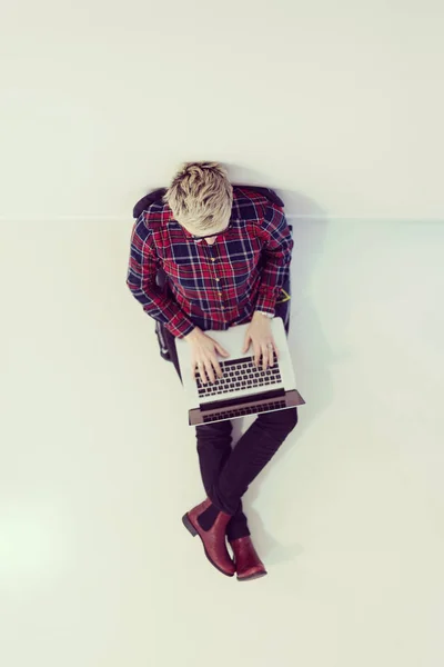 Top View Young Business Woman Working Laptop Computer Modern Bright — Stock Photo, Image