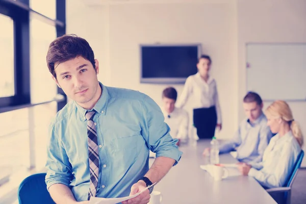 Portrait Handsome Young Business Man Meeting Offce Colleagues Background — Stock Photo, Image