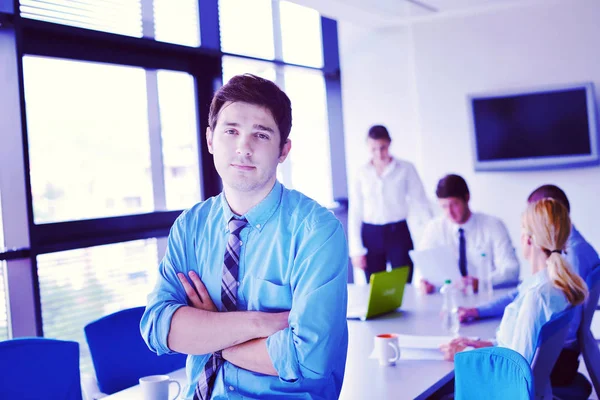 Portrait Handsome Young Business Man Meeting Offce Colleagues Background — Stock Photo, Image