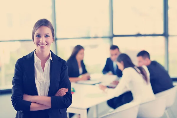 Happy Young Business Woman Her Staff People Group Background Modern — Stock Photo, Image