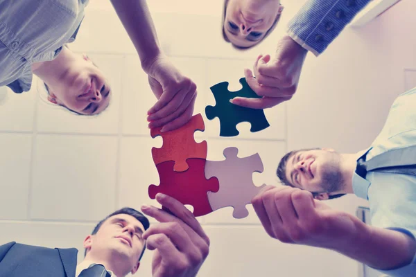 Group Business People Assembling Jigsaw Puzzle Represent Team Support Help — Stock Photo, Image