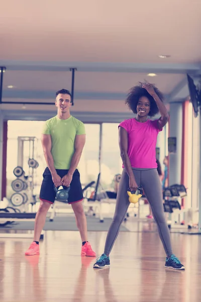 Healthy Couple Workout Weights Lifting Dumbbels Crossfit Gym African American — Stock Photo, Image