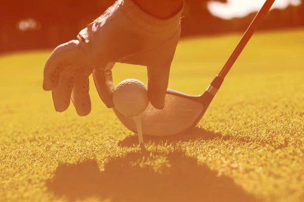 Jogador de golfe colocando bola no tee — Fotografia de Stock
