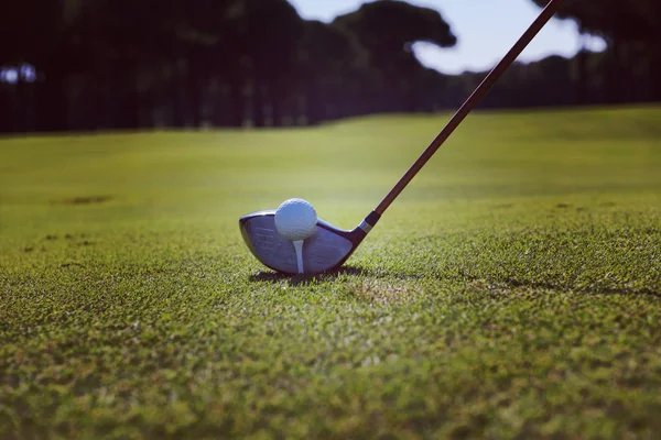 Golfspieler platziert Ball auf Abschlag — Stockfoto