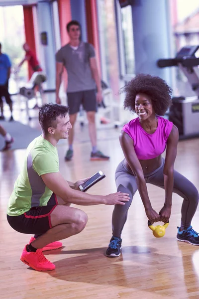 Healthy Young Couple Crossfit Gym Weights Workout Personal Trainer — Stock Photo, Image