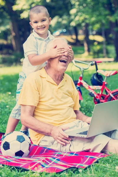 Grandfather and child using laptop — Stock Photo, Image