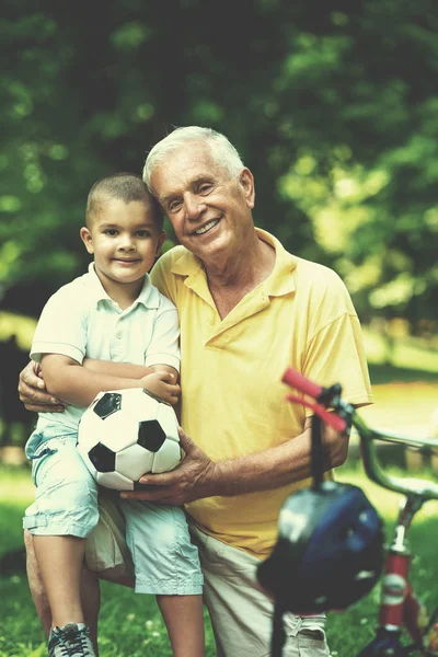 Happy Grandfather Child Have Fun Play Park Beautiful Sunny Day — Stock Photo, Image