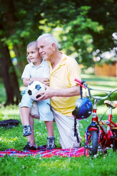 Happy Grandfather Child Have Fun Play Park Beautiful Sunny Day — Stock Photo, Image