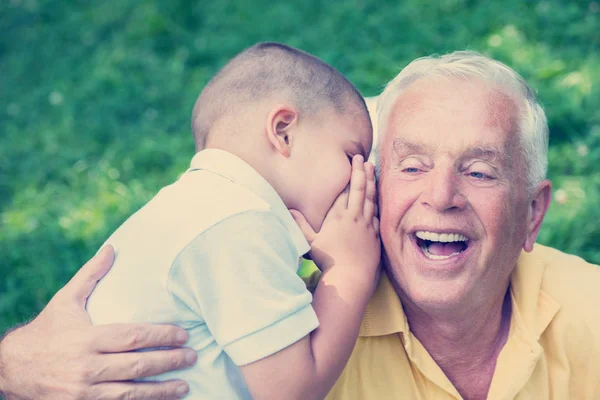Happy Grandfather Child Have Fun Play Park Beautiful Sunny Day — Stock Photo, Image