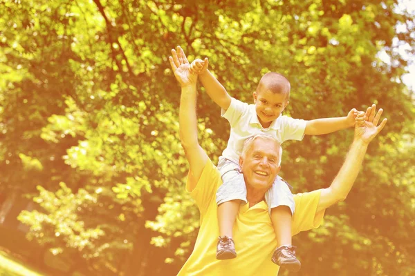 Glad Farfar Och Barn Kul Och Leka Parken Vacker Solig — Stockfoto