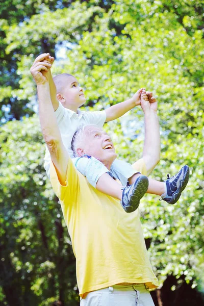 Happy Grandfather Child Have Fun Play Park Beautiful Sunny Day — Stock Photo, Image