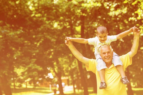 Glad Farfar Och Barn Kul Och Leka Parken Vacker Solig — Stockfoto