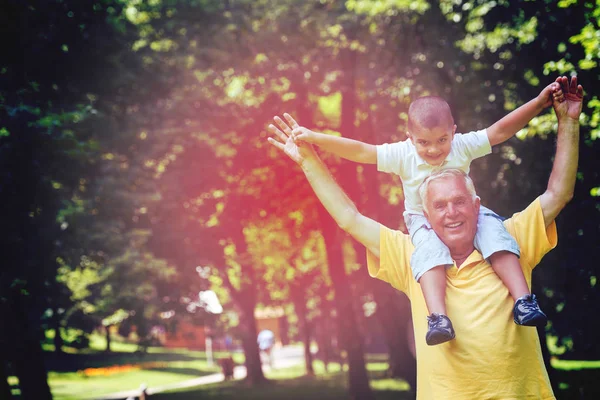 Ευτυχισμένος Παππούς Και Παιδί Διασκεδάσουν Και Παίξουν Στο Πάρκο Την — Φωτογραφία Αρχείου