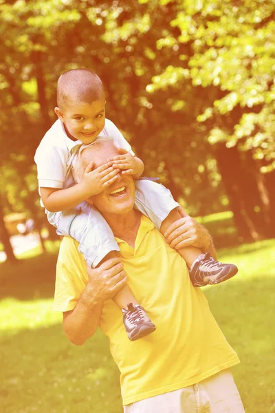 Glücklicher Opa Und Kind Haben Spaß Und Spielen Park Einem — Stockfoto