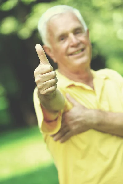 Happy Healthy Fit Elderly Man Portrait Green Background Park — Stock Photo, Image