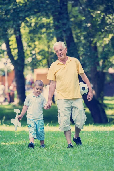 Glad Farfar Och Barn Kul Och Leka Parken Vacker Solig — Stockfoto