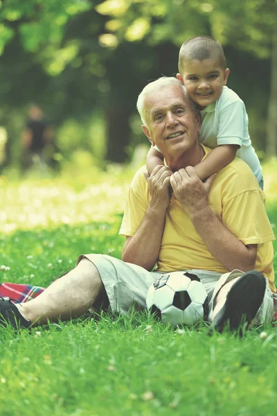 Happy Grandfather Child Have Fun Play Park Beautiful Sunny Day — Stock Photo, Image