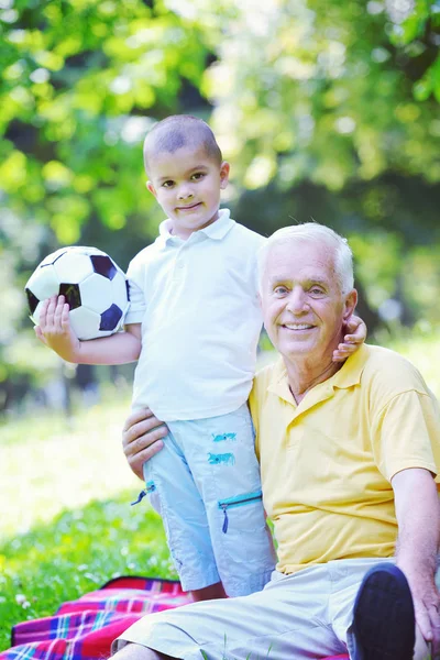 Mutlu Büyükbaba Çocuk Güzel Güneşli Bir Günde Parkta Eğlenip Oynuyorlar — Stok fotoğraf