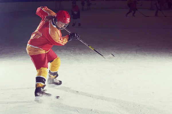 Teen Girl Children Ice Hockey Player Action Kicking Puck Stick — Stock Photo, Image