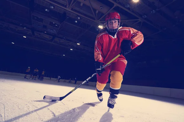 青少年女子冰球运动员用棍棒踢冰球 — 图库照片