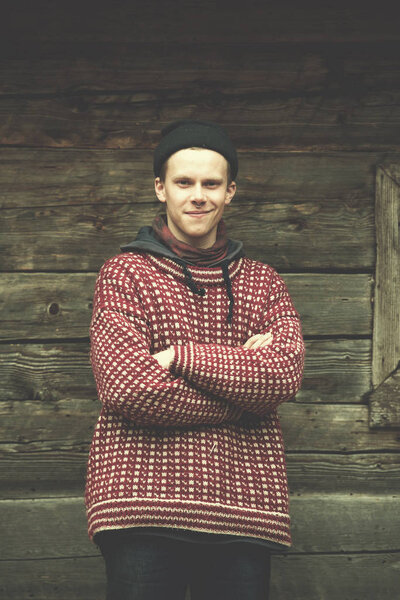 Portrait Young Hipster Man Nose Piercing Front Old Vintage Wooden — Stock Photo, Image