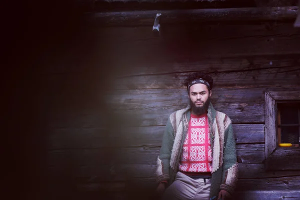 Portrait Young Hipster Man Beard Front Old Vintage Wooden House — Stock Photo, Image