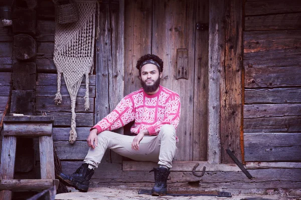 Portrait Young Hipster Man Beard Front Old Vintage Wooden House — Stock Photo, Image