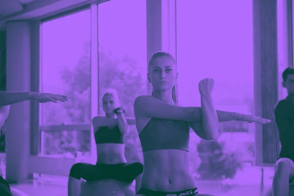 Grupo Personas Hacen Ejercicio Con Bolas Clase Yoga Gimnasio Fitness —  Fotos de Stock