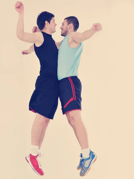 Dos Adultos Jóvenes Hacen Ejercicio Fitness Saltando Relajándose Gimnasio Deportivo — Foto de Stock