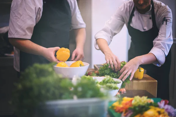 Cuisiniers d'équipe et chefs préparant les repas — Photo