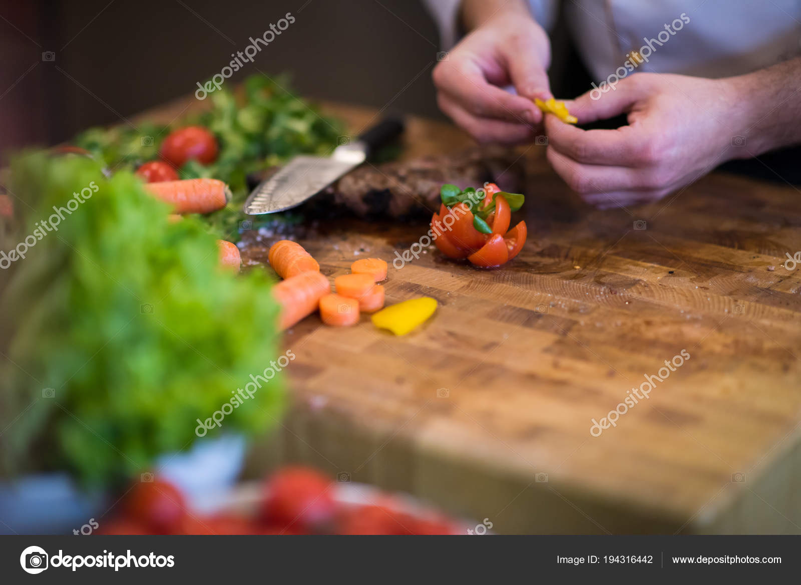 Closeup Chef Hands Hotel Restaurant Kitchen Preparing Beef Steak