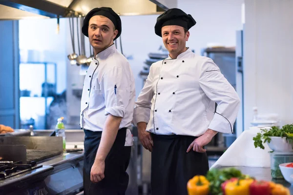 Portrét Dvou Kuchařů Stojících Společně Komerční Kuchyni Restauraci — Stock fotografie