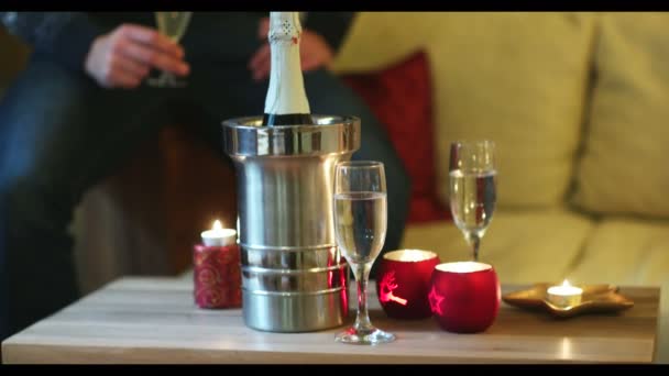 派对上拿着香槟酒杯的年轻人的肖像在家里庆祝圣诞节和新年 — 图库视频影像