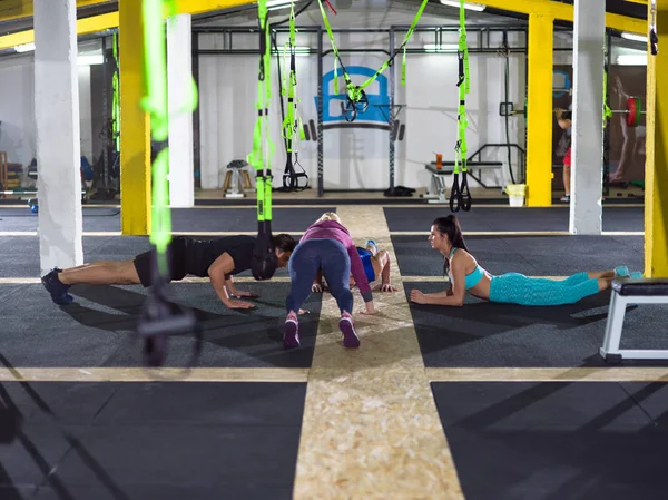 Group Young Healthy People Doing Pushups Crossfitness Gym — Stock Photo, Image