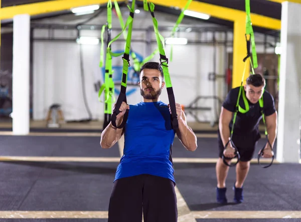 Two Young Athlete Men Working Out Pull Ups Gymnastic Rings — Stock Photo, Image