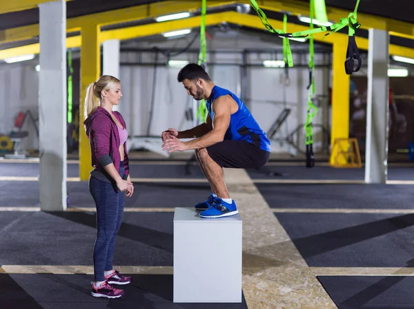 Young Athletic Woman Training Personal Trainer Jumping Fit Box Crossfitness — Stock Photo, Image