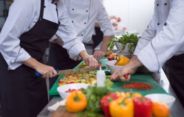 Profesyonel ekip aşçılar ve aşçılar yoğun otel ya da restoran mutfağında yemek hazırlıyorlar.