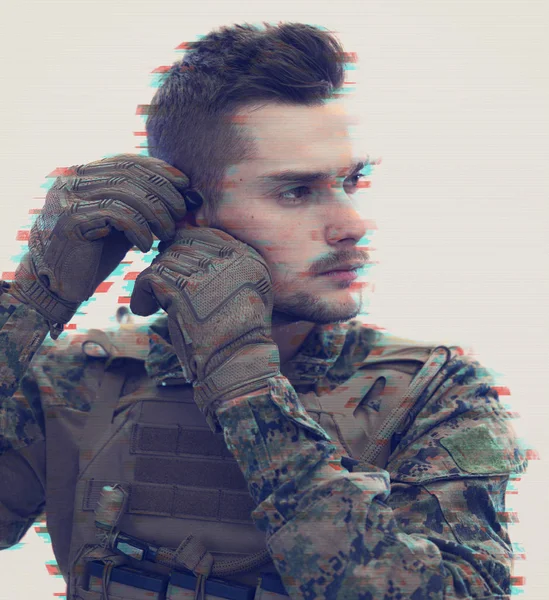 Soldier preparing gear for action glitch effect — Stock Photo, Image