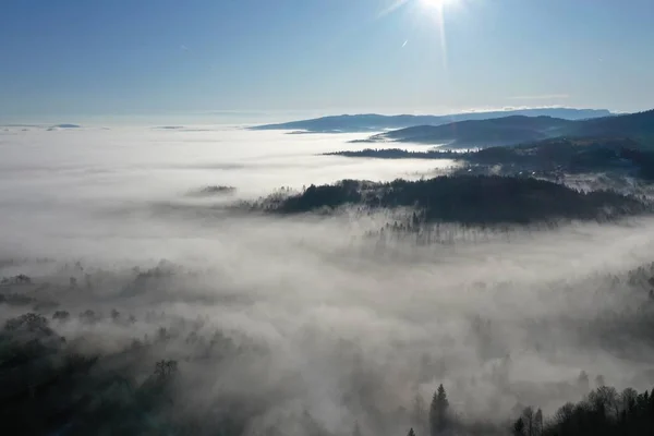 Bovenaanzicht Vanuit Lucht Vliegend Mist Wolken Luchtvervuiling Concept — Stockfoto