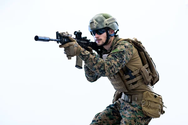 Soldier in action aiming laseer sight optics — Stock Photo, Image