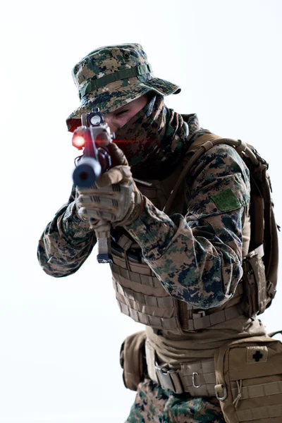 Soldier in action aiming laseer sight optics — Stock Photo, Image